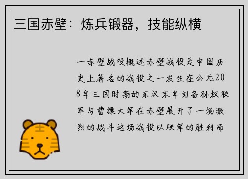 三国赤壁：炼兵锻器，技能纵横
